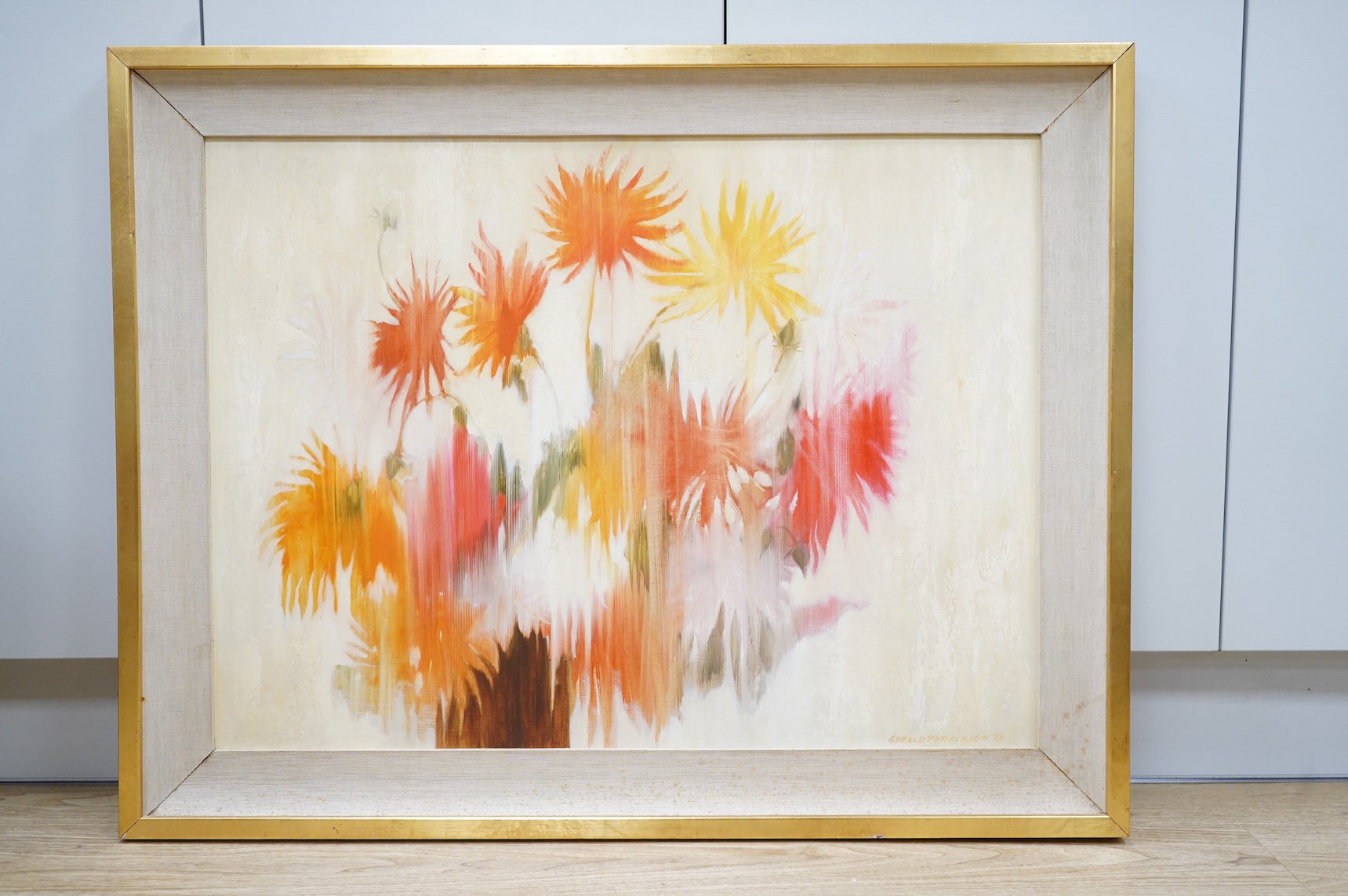 Gerald Parkinson (b.1926), Still life vase of dahlias, signed and dated ‘66, oil on board, 58 x 79cm